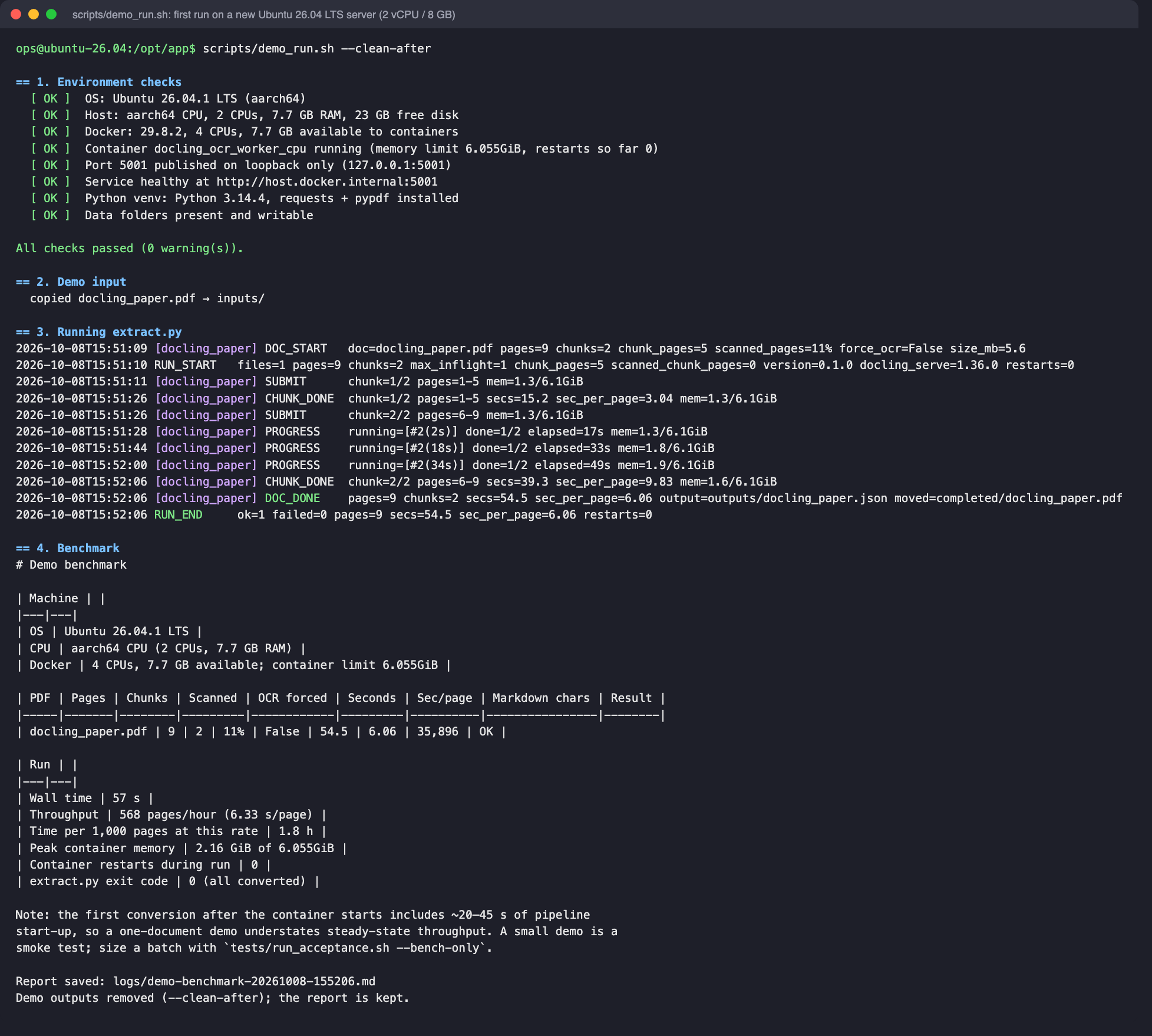 scripts/demo_run.sh on a fresh Ubuntu 26.04 LTS server with 2 vCPU / 8 GB: environment checks, the conversion, and the machine's benchmark